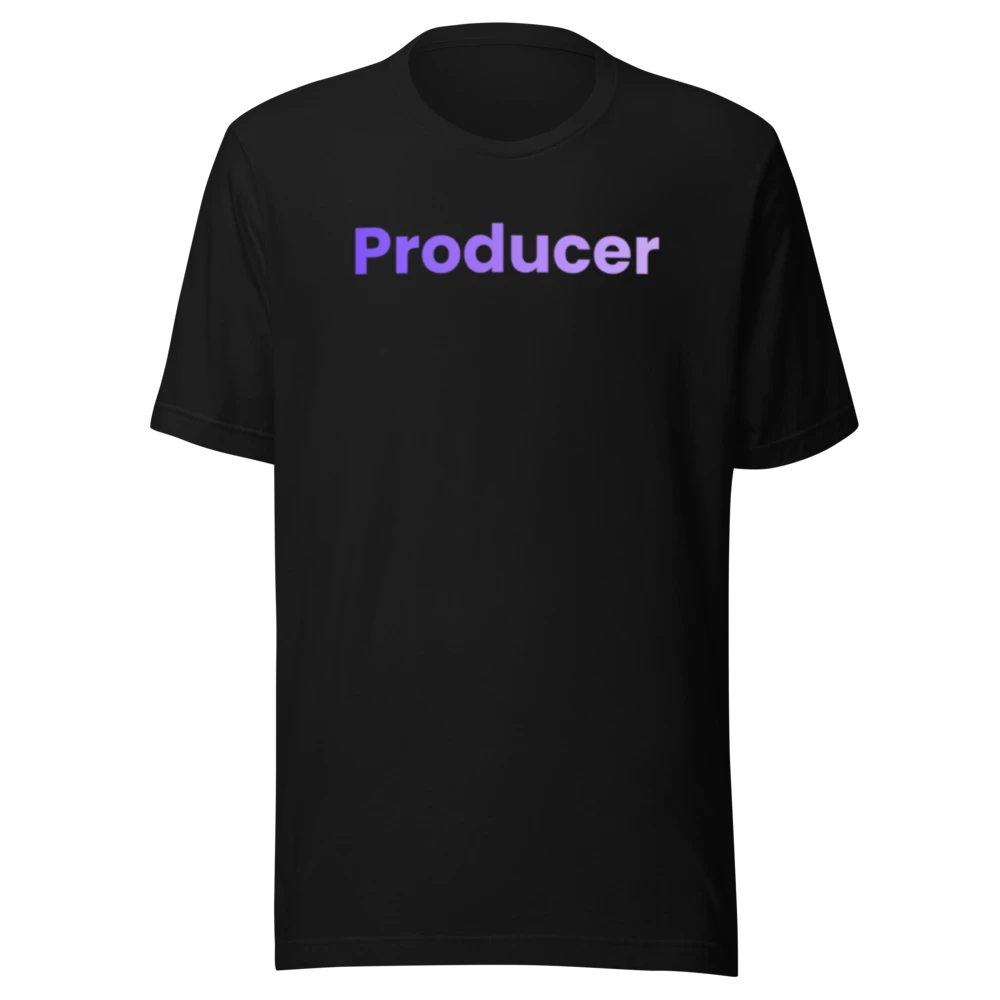 Black Producer tee with the word Producer across the chest in violet