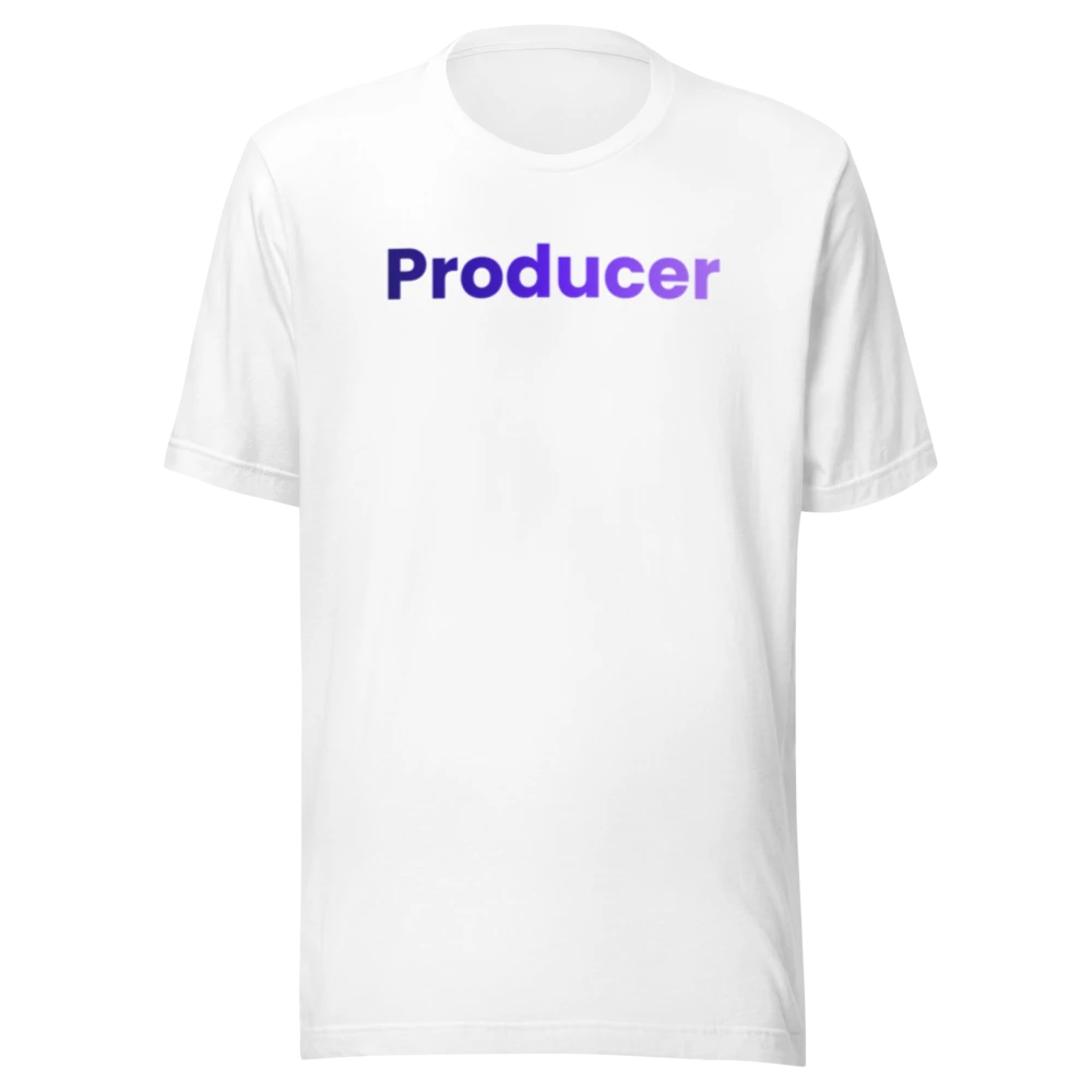 White Producer tee with the word Producer in navy and violet