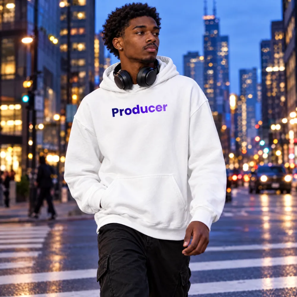 Man crossing a city street at dusk wearing the white Producer hoodie